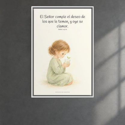 El Señor cumple el deseo de los que le temen | Cuadro de fe enmarcado | Salmo 145:19 — 24×36 pulgadas, marco blanco, vista frontal ambiental, escala física calibrada