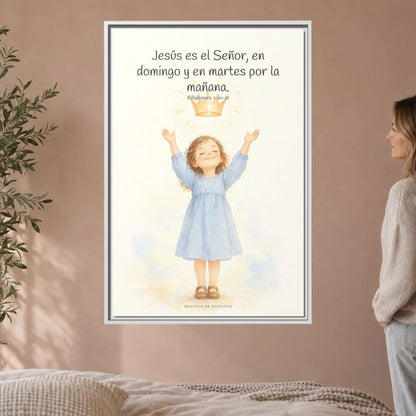 Jesús es el Señor — Lienzo Cristiano Enmarcado | Filipenses 2:10-11 — 24×36 pulgadas, marco blanco, vista frontal ambiental, escala física calibrada
