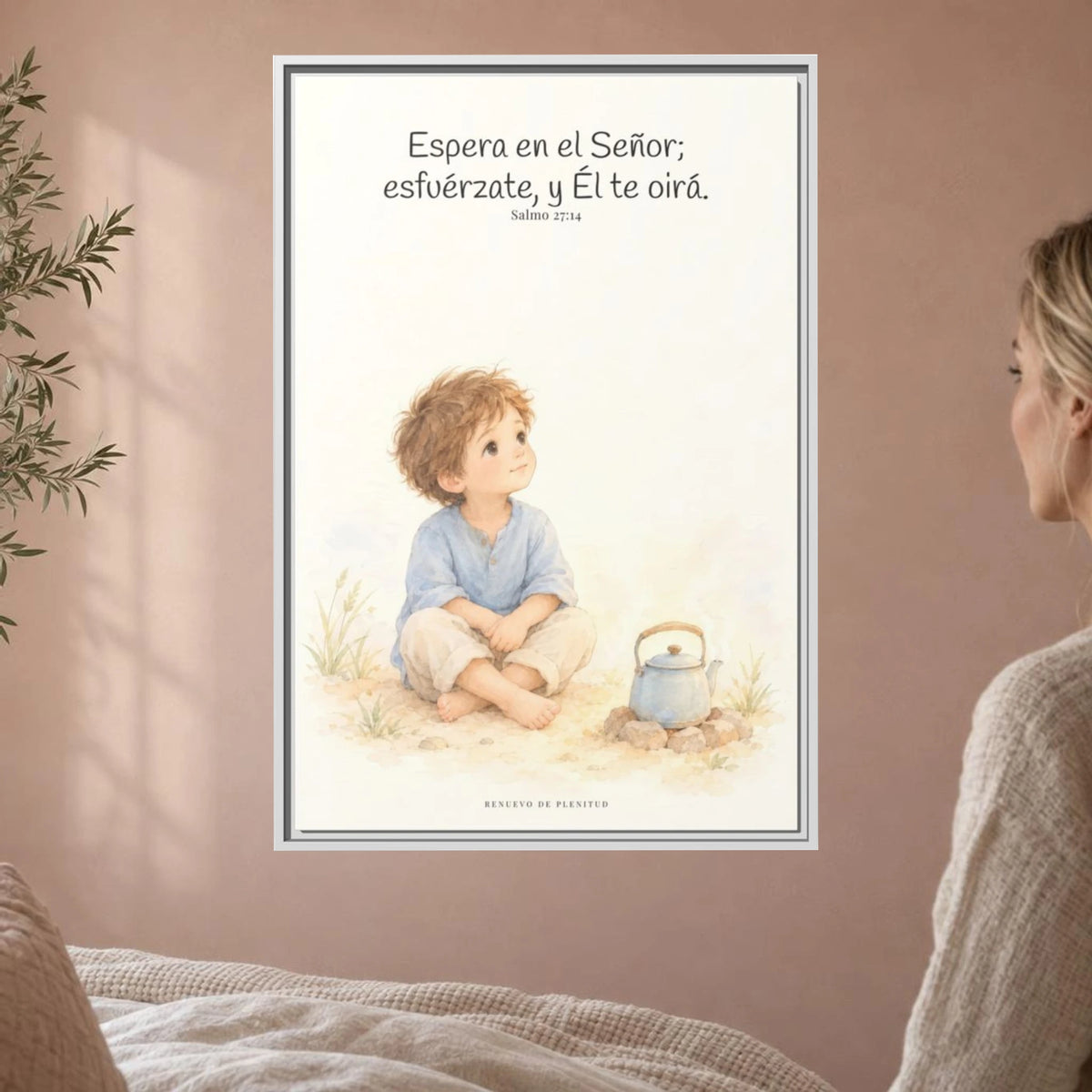 Espera en Jehová, Él te oye — Lienzo Cristiano Enmarcado | Salmo 27:14 — 24×36 pulgadas, marco blanco, vista frontal ambiental, escala física calibrada