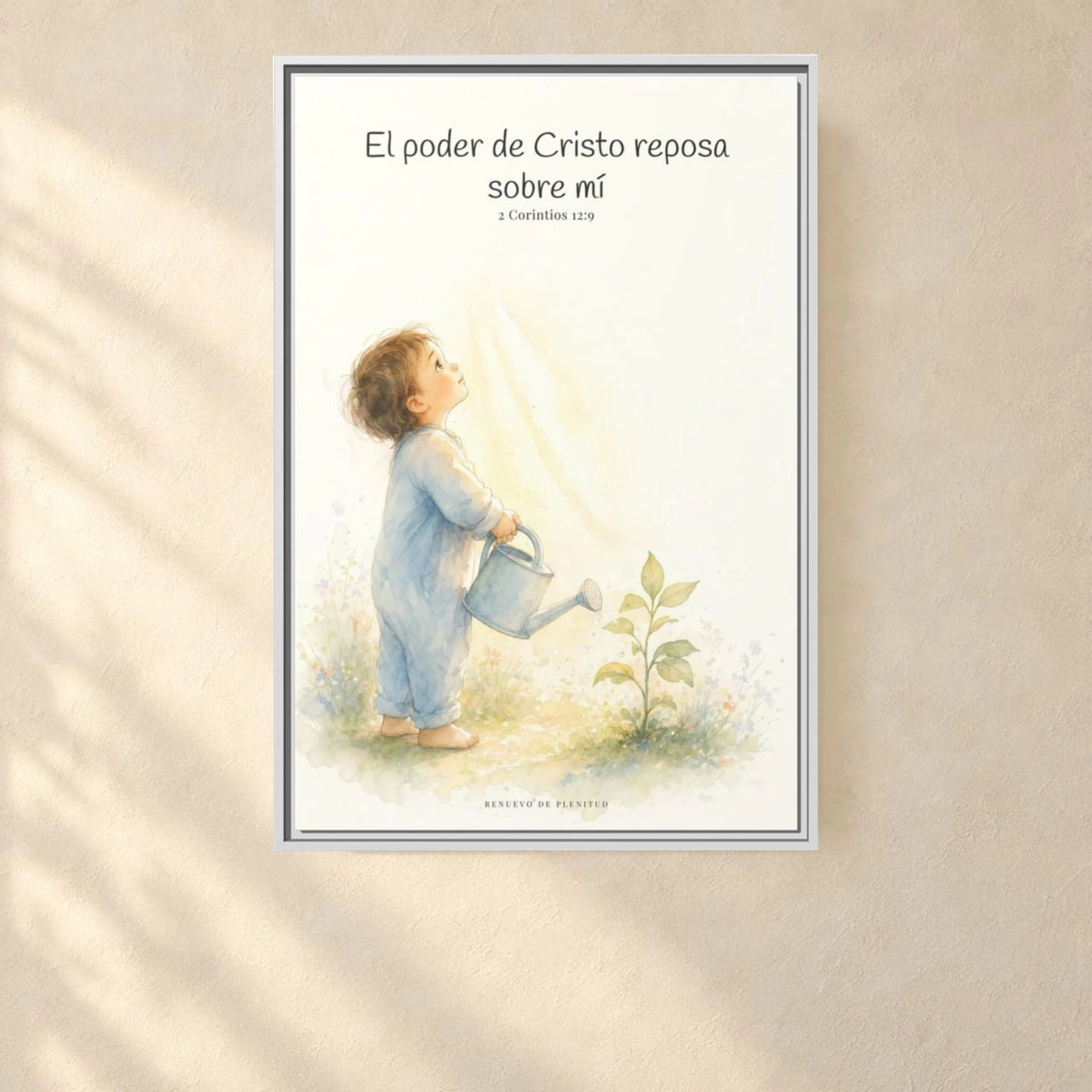 Su poder descansa sobre mí — Lienzo Cristiano Enmarcado | 2 Corintios 12:9 — 24×36 pulgadas, marco blanco, vista frontal ambiental, escala física calibrada