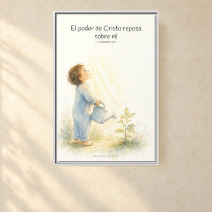 Su poder descansa sobre mí — Lienzo Cristiano Enmarcado | 2 Corintios 12:9 — 24×36 pulgadas, marco blanco, vista frontal ambiental, escala física calibrada