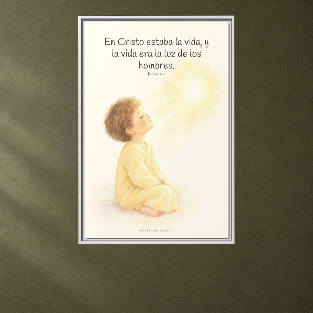 En Cristo está la vida que ilumina a todos | Cuadro de fe enmarcado | Juan 1:4-5 — 24×36 pulgadas, marco blanco, vista frontal ambiental, escala física calibrada
