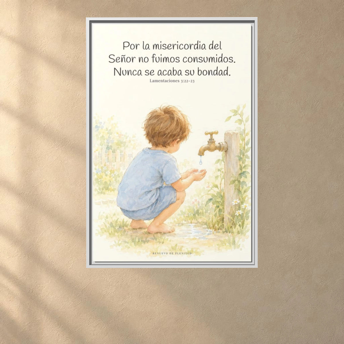 Nunca se acaba la misericordia de Dios — Lienzo Cristiano Enmarcado | Lamentaciones 3:22-23 — 24×36 pulgadas, marco blanco, vista frontal ambiental, escala física calibrada