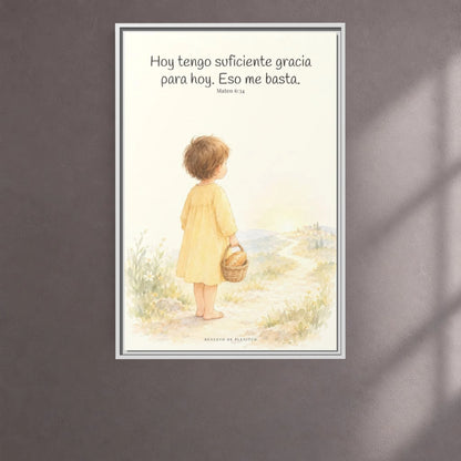 Basta a cada día su propio afán — Lienzo Cristiano Enmarcado | Mateo 6:34 — 24×36 pulgadas, marco blanco, vista frontal ambiental, escala física calibrada