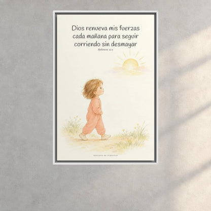 Dios me da nuevas fuerzas cada mañana | Decoración de fe para pared | Hebreos 12:1 — 24×36 pulgadas, marco blanco, vista frontal ambiental, escala física calibrada