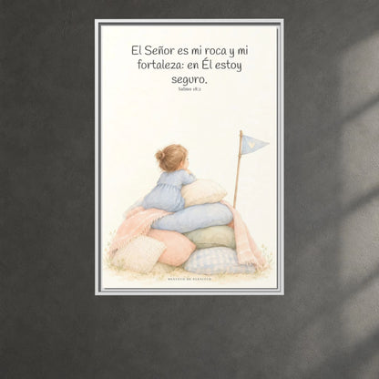 Jehová es mi roca y mi fortaleza — Lienzo Cristiano Enmarcado | Salmo 18:2 — 24×36 pulgadas, marco blanco, vista frontal ambiental, escala física calibrada