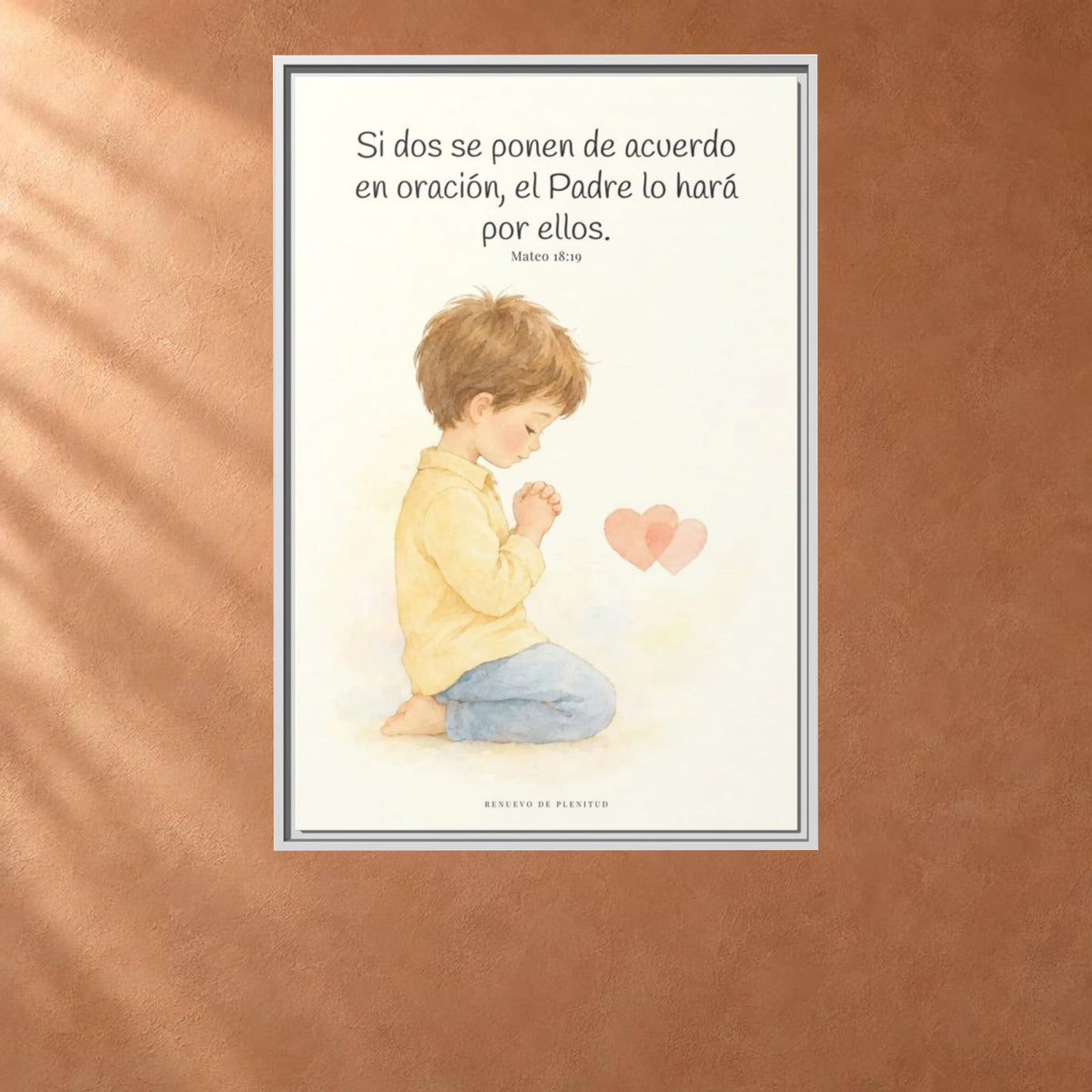 Donde dos se ponen de acuerdo | Cuadro de fe enmarcado | Mateo 18:19 — 24×36 pulgadas, marco blanco, vista frontal ambiental, escala física calibrada