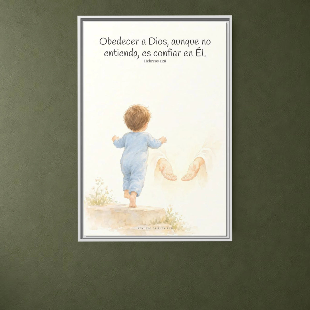 Obedecer a Dios es mi mayor valentía — Lienzo Cristiano Enmarcado | Hebreos 11:8 — 24×36 pulgadas, marco blanco, vista frontal ambiental, escala física calibrada