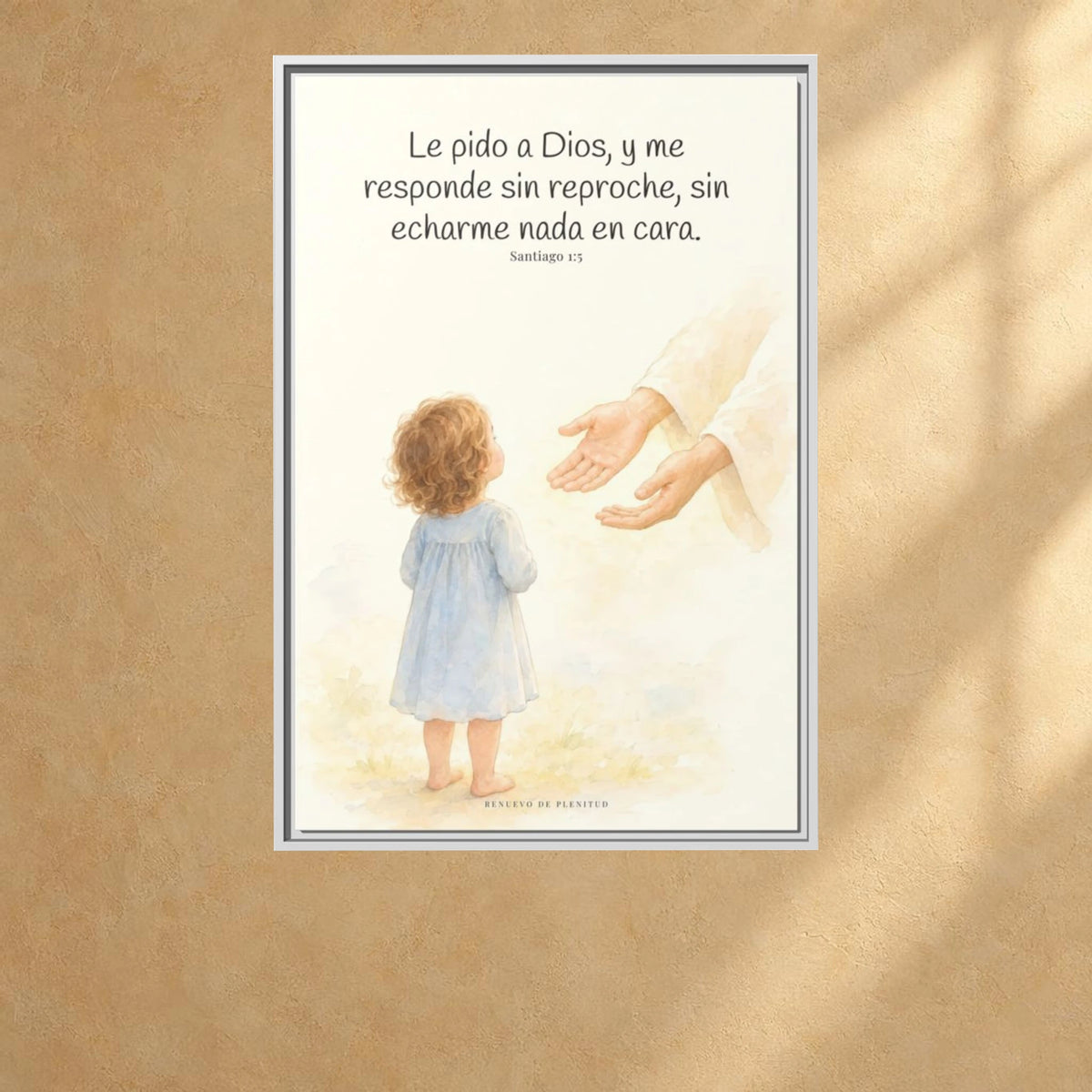 Dios me responde sin echármelo en cara — Lienzo Cristiano Enmarcado | Santiago 1:5 — 24×36 pulgadas, marco blanco, vista frontal ambiental, escala física calibrada