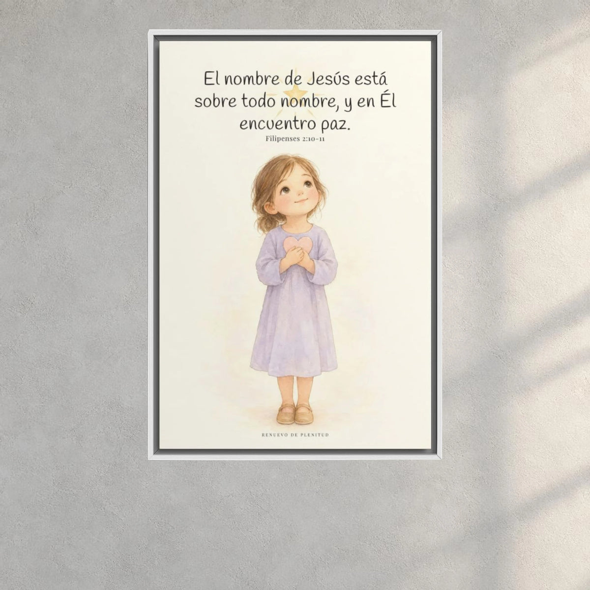 El nombre de Jesús está sobre todo nombre | Lienzo de fe para el hogar | Filipenses 2:10-11 — 24×36 pulgadas, marco blanco, vista frontal ambiental, escala física calibrada