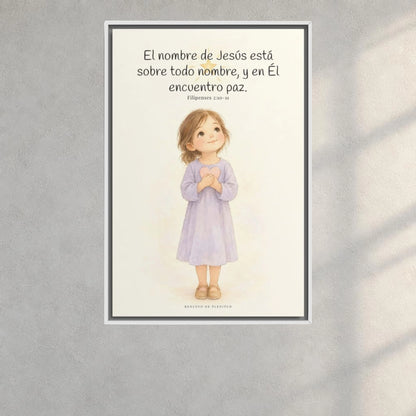 El nombre de Jesús está sobre todo nombre | Lienzo de fe para el hogar | Filipenses 2:10-11 — 24×36 pulgadas, marco blanco, vista frontal ambiental, escala física calibrada