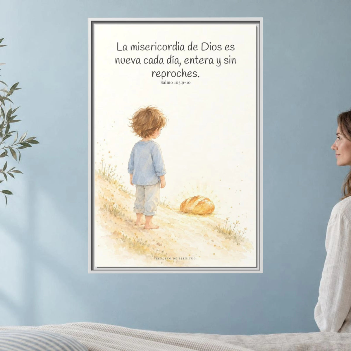 La misericordia de Dios es nueva cada día — Lienzo Cristiano Enmarcado | Salmo 103:9-10 — 24×36 pulgadas, marco blanco, vista frontal ambiental, escala física calibrada