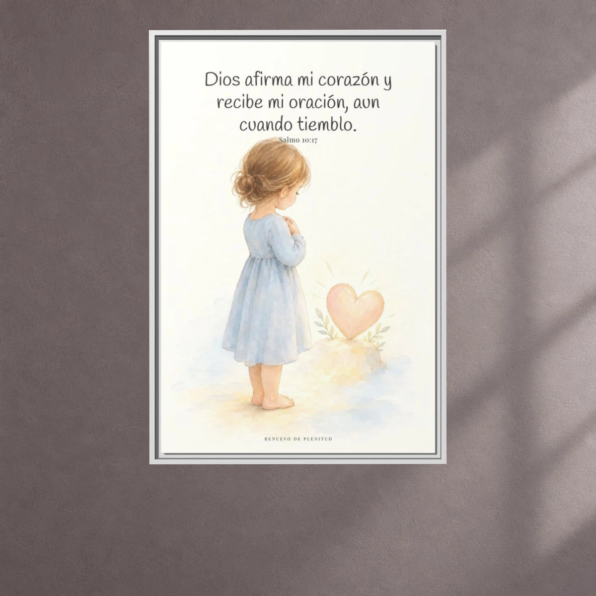 Dios dispone mi corazón cuando oro — Lienzo Cristiano Enmarcado | Salmo 10:17 — 24×36 pulgadas, marco blanco, vista frontal ambiental, escala física calibrada