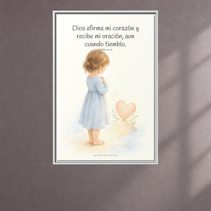 Dios dispone mi corazón cuando oro — Lienzo Cristiano Enmarcado | Salmo 10:17 — 24×36 pulgadas, marco blanco, vista frontal ambiental, escala física calibrada