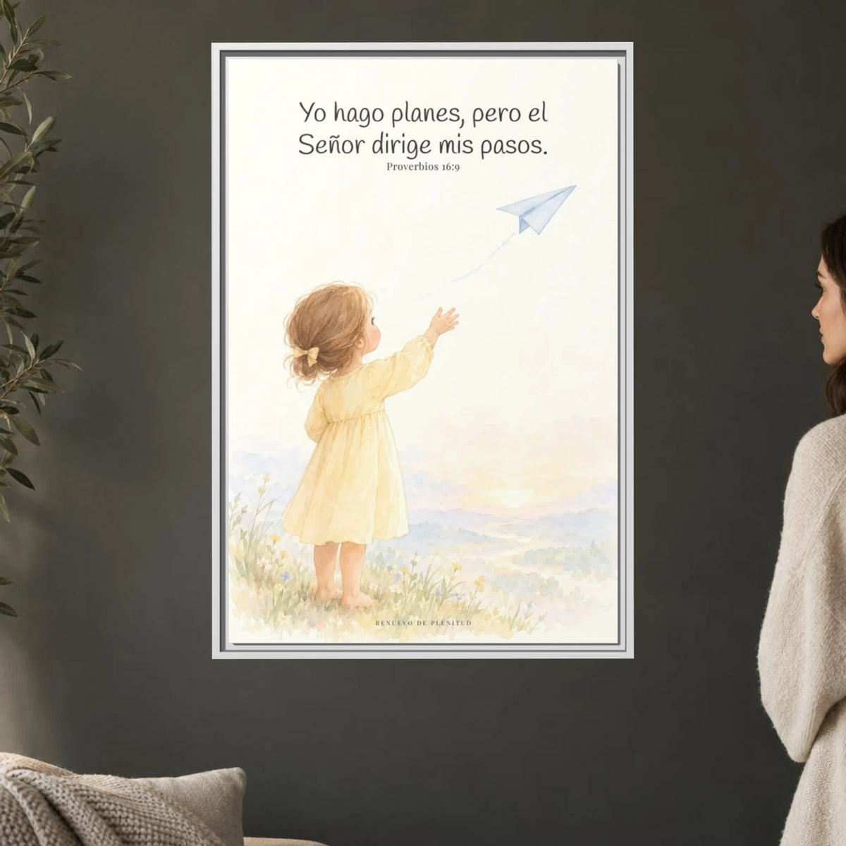 Jehová dirige mis pasos — Lienzo Cristiano Enmarcado | Proverbios 16:9 — 24×36 pulgadas, marco blanco, vista frontal ambiental, escala física calibrada