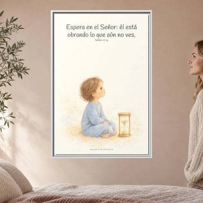 Espera en Jehová, y él te sostendrá — Lienzo Cristiano Enmarcado | Salmo 27:14 — 24×36 pulgadas, marco blanco, vista frontal ambiental, escala física calibrada