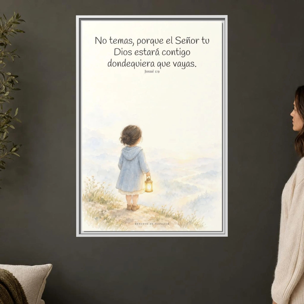 Jehová tu Dios estará contigo — Lienzo Cristiano Enmarcado | Josué 1:9 — 24×36 pulgadas, marco blanco, vista frontal ambiental, escala física calibrada