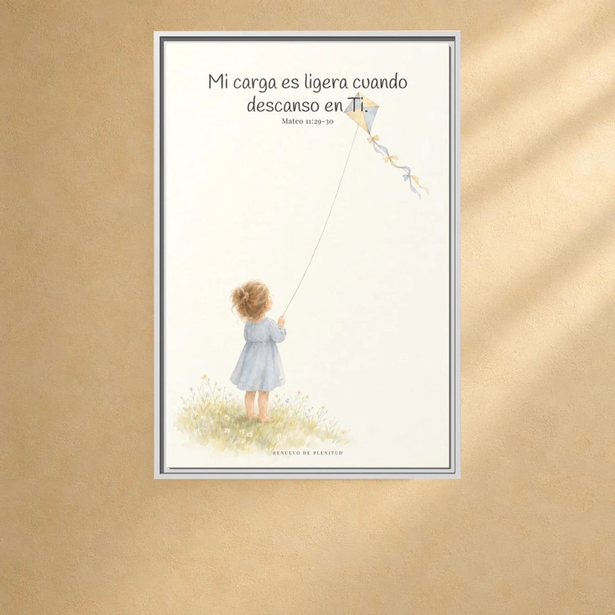 Mi carga es ligera cuando descanso en Ti — Lienzo Cristiano Enmarcado | Mateo 11:29-30 — 24×36 pulgadas, marco blanco, vista frontal ambiental, escala física calibrada