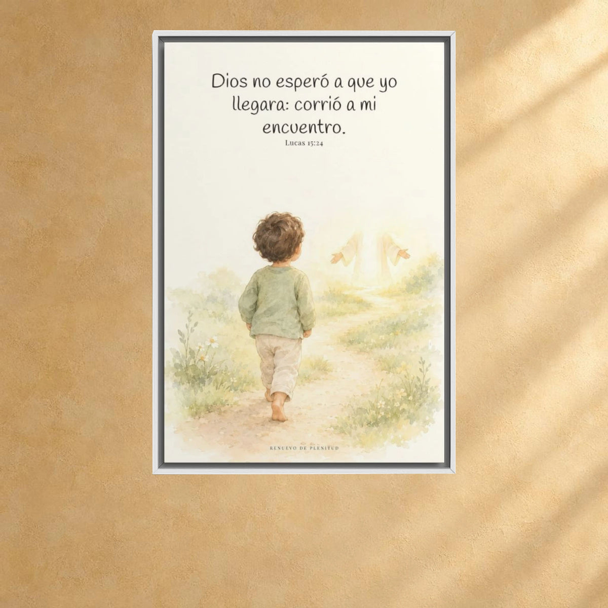 Mi Padre corrió a mi encuentro | Lienzo de fe para el hogar | Lucas 15:24 — 24×36 pulgadas, marco blanco, vista frontal ambiental, escala física calibrada