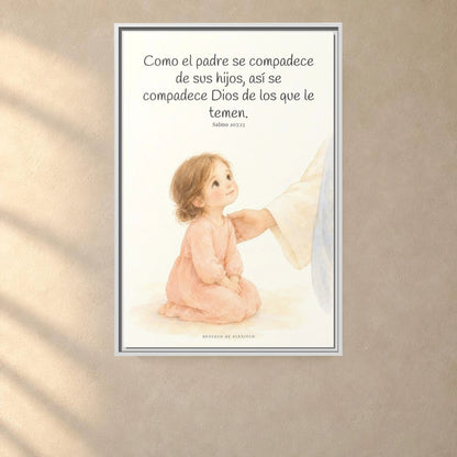 Como el padre se compadece de sus hijos — Lienzo Cristiano Enmarcado | Salmo 103:13 — 24×36 pulgadas, marco blanco, vista frontal ambiental, escala física calibrada