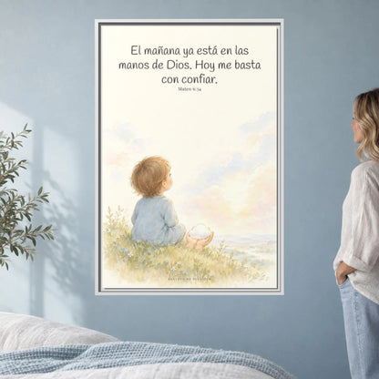 El mañana ya está en las manos de Dios — Lienzo Cristiano Enmarcado | Mateo 6:34 — 24×36 pulgadas, marco blanco, vista frontal ambiental, escala física calibrada