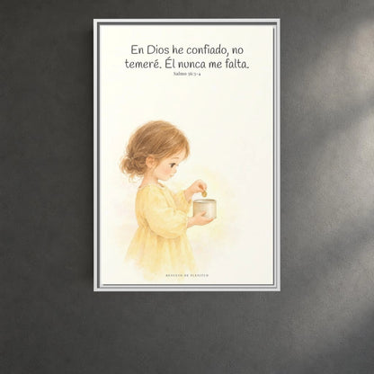 En Dios he confiado, no temeré — Lienzo Cristiano Enmarcado | Salmo 56:3-4 — 24×36 pulgadas, marco blanco, vista frontal ambiental, escala física calibrada