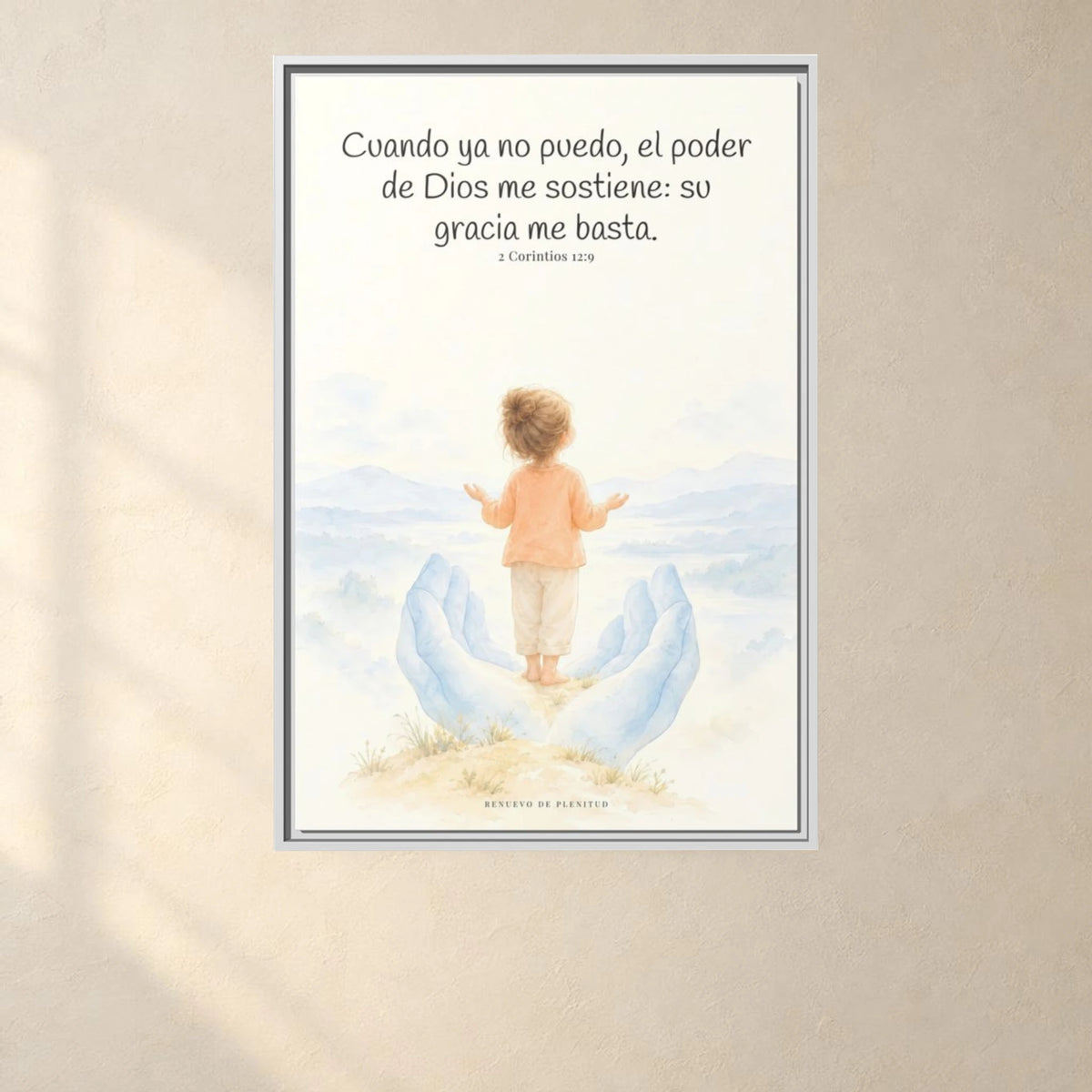 El poder de Dios se perfecciona en mi debilidad — Lienzo Cristiano Enmarcado | 2 Corintios 12:9 — 24×36 pulgadas, marco blanco, vista frontal ambiental, escala física calibrada