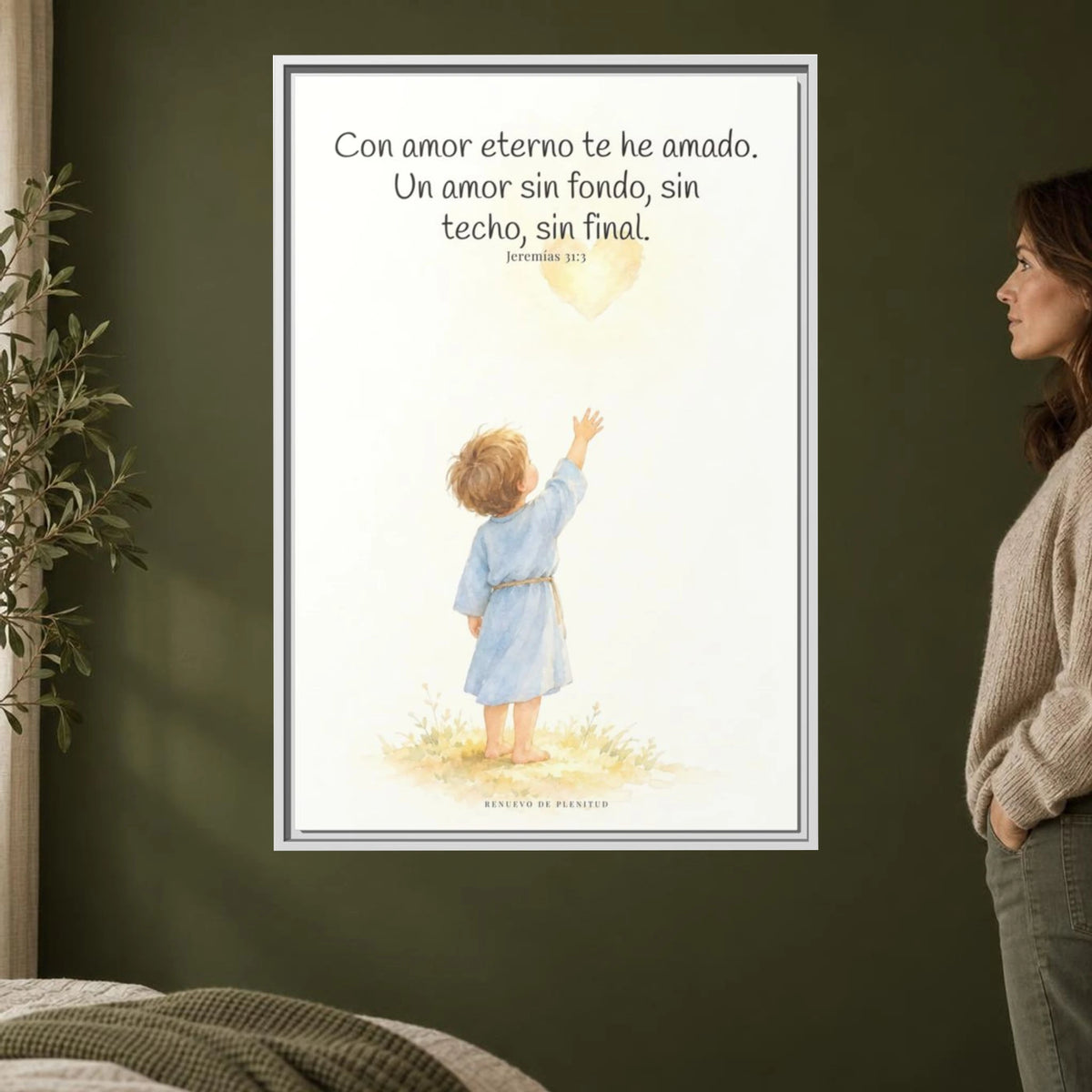 Con amor eterno te he amado — Lienzo Cristiano Enmarcado | Jeremías 31:3 — 24×36 pulgadas, marco blanco, vista frontal ambiental, escala física calibrada