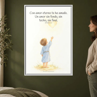 Con amor eterno te he amado — Lienzo Cristiano Enmarcado | Jeremías 31:3 — 24×36 pulgadas, marco blanco, vista frontal ambiental, escala física calibrada