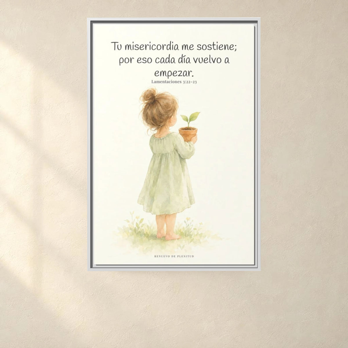 Por la misericordia de Jehová no fuimos consumidos — Lienzo Cristiano Enmarcado | Lamentaciones 3:22-23 — 24×36 pulgadas, marco blanco, vista frontal ambiental, escala física calibrada