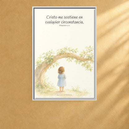Cristo me sostiene en cualquier circunstancia — Lienzo Cristiano Enmarcado | Filipenses 4:13 — 24×36 pulgadas, marco blanco, vista frontal ambiental, escala física calibrada