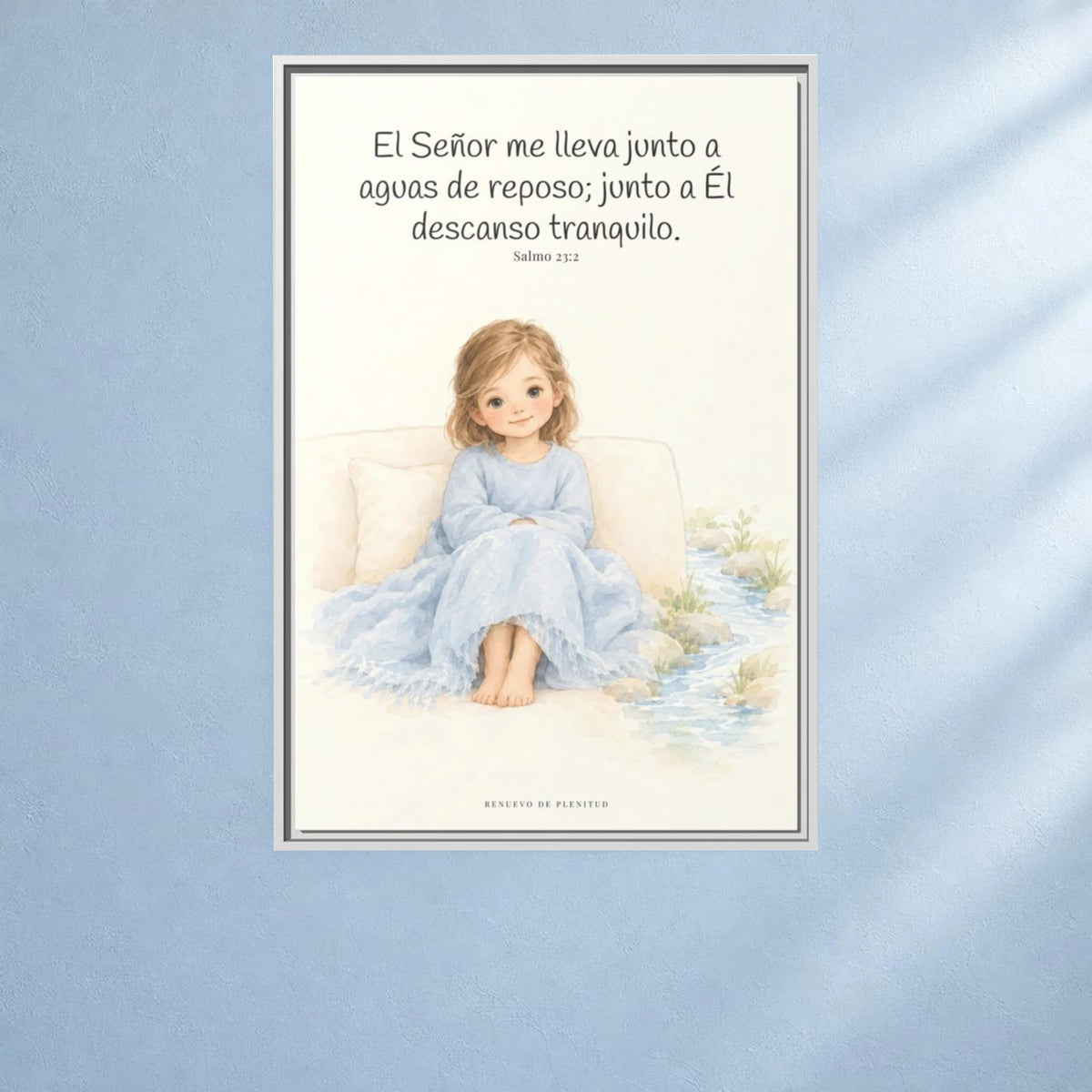 Junto a aguas de reposo me pastorea — Lienzo Cristiano Enmarcado | Salmo 23:2 — 24×36 pulgadas, marco blanco, vista frontal ambiental, escala física calibrada