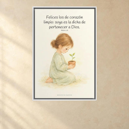 Felices los que pertenecen a Dios | Lienzo de fe para el hogar | Mateo 5:8 — 24×36 pulgadas, marco blanco, vista frontal ambiental, escala física calibrada