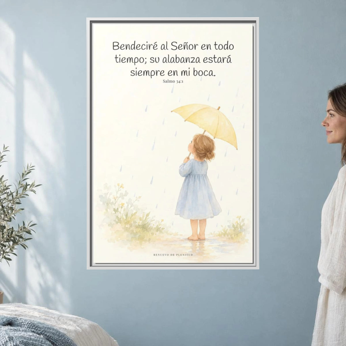 Bendeciré a Jehová en todo tiempo — Lienzo Cristiano Enmarcado | Salmo 34:1 — 24×36 pulgadas, marco blanco, vista frontal ambiental, escala física calibrada