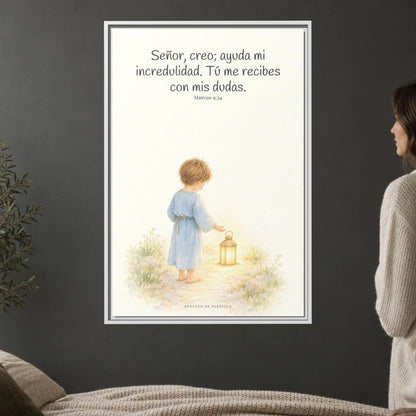 Señor, creo; ayuda mi incredulidad — Lienzo Cristiano Enmarcado | Marcos 9:24 — 24×36 pulgadas, marco blanco, vista frontal ambiental, escala física calibrada