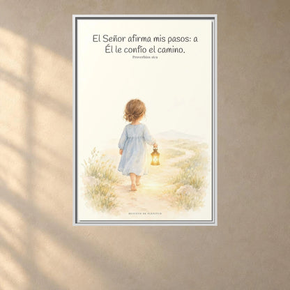 El Señor dirige mis pasos este año — Lienzo Cristiano Enmarcado | Proverbios 16:9 — 24×36 pulgadas, marco blanco, vista frontal ambiental, escala física calibrada