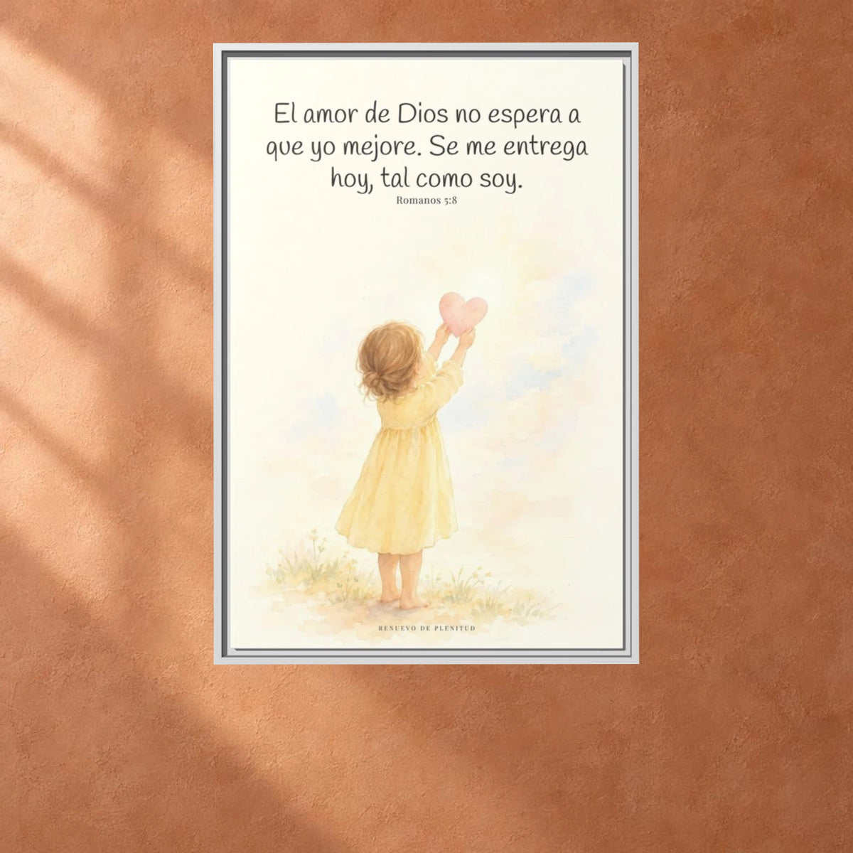 Dios demuestra su amor para conmigo — Lienzo Cristiano Enmarcado | Romanos 5:8 — 24×36 pulgadas, marco blanco, vista frontal ambiental, escala física calibrada