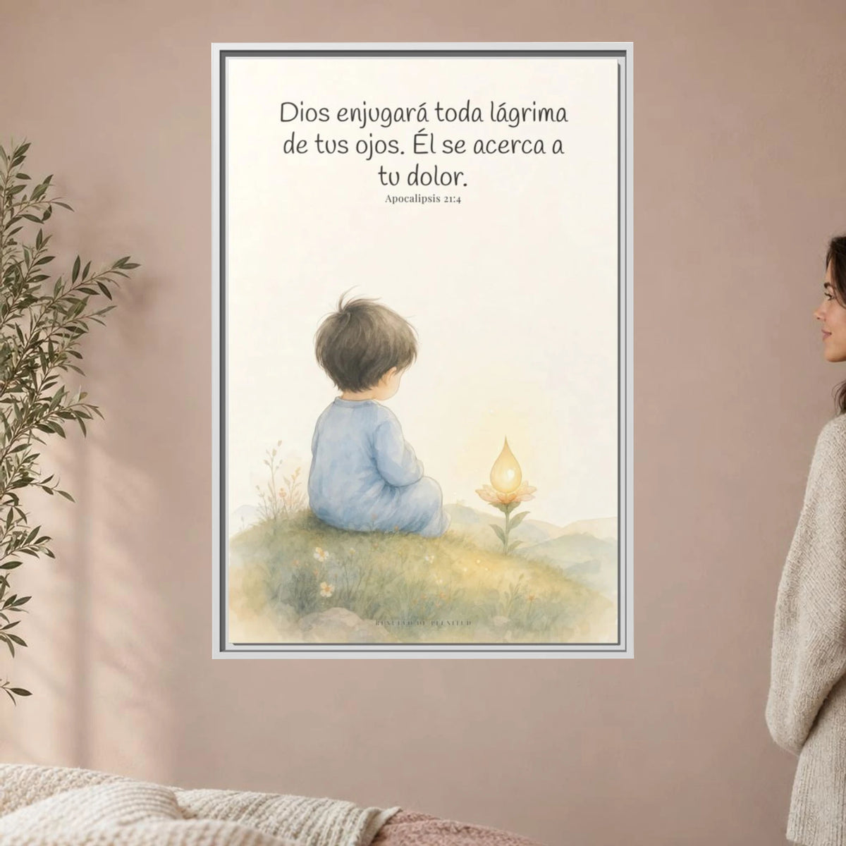 Dios enjugará toda lágrima — Lienzo Cristiano Enmarcado | Apocalipsis 21:4 — 24×36 pulgadas, marco blanco, vista frontal ambiental, escala física calibrada