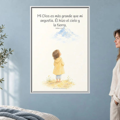 Mi Dios es más grande que mi angustia — Lienzo Cristiano Enmarcado | Salmo 121:1-2 — 24×36 pulgadas, marco blanco, vista frontal ambiental, escala física calibrada