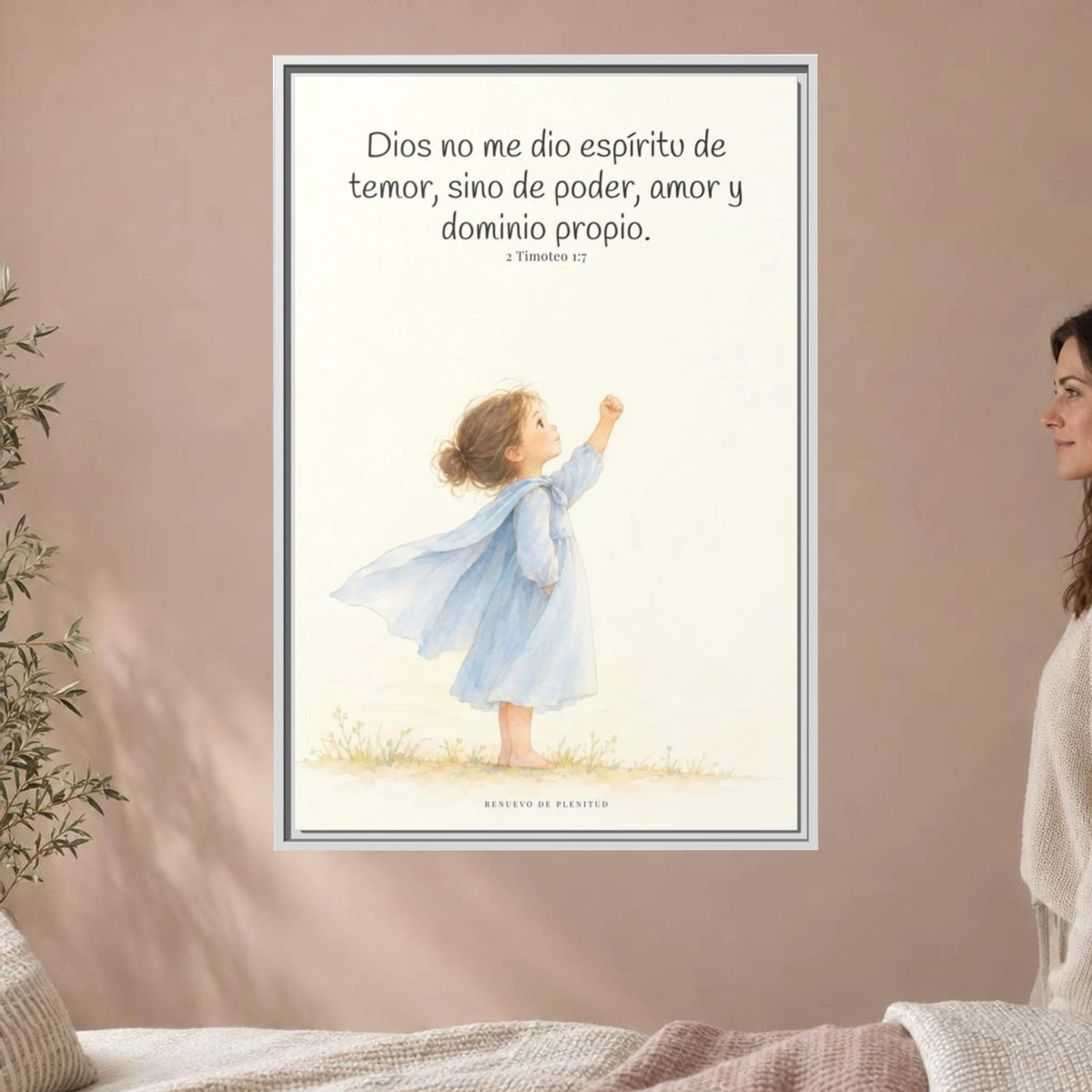 Dios me da un espíritu de poder y de amor — Lienzo Cristiano Enmarcado | 2 Timoteo 1:7 — 24×36 pulgadas, marco blanco, vista frontal ambiental, escala física calibrada