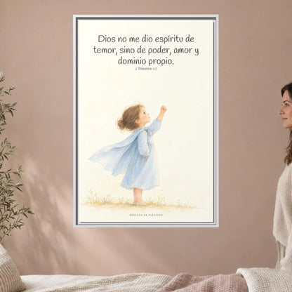 Dios me da un espíritu de poder y de amor — Lienzo Cristiano Enmarcado | 2 Timoteo 1:7 — 24×36 pulgadas, marco blanco, vista frontal ambiental, escala física calibrada