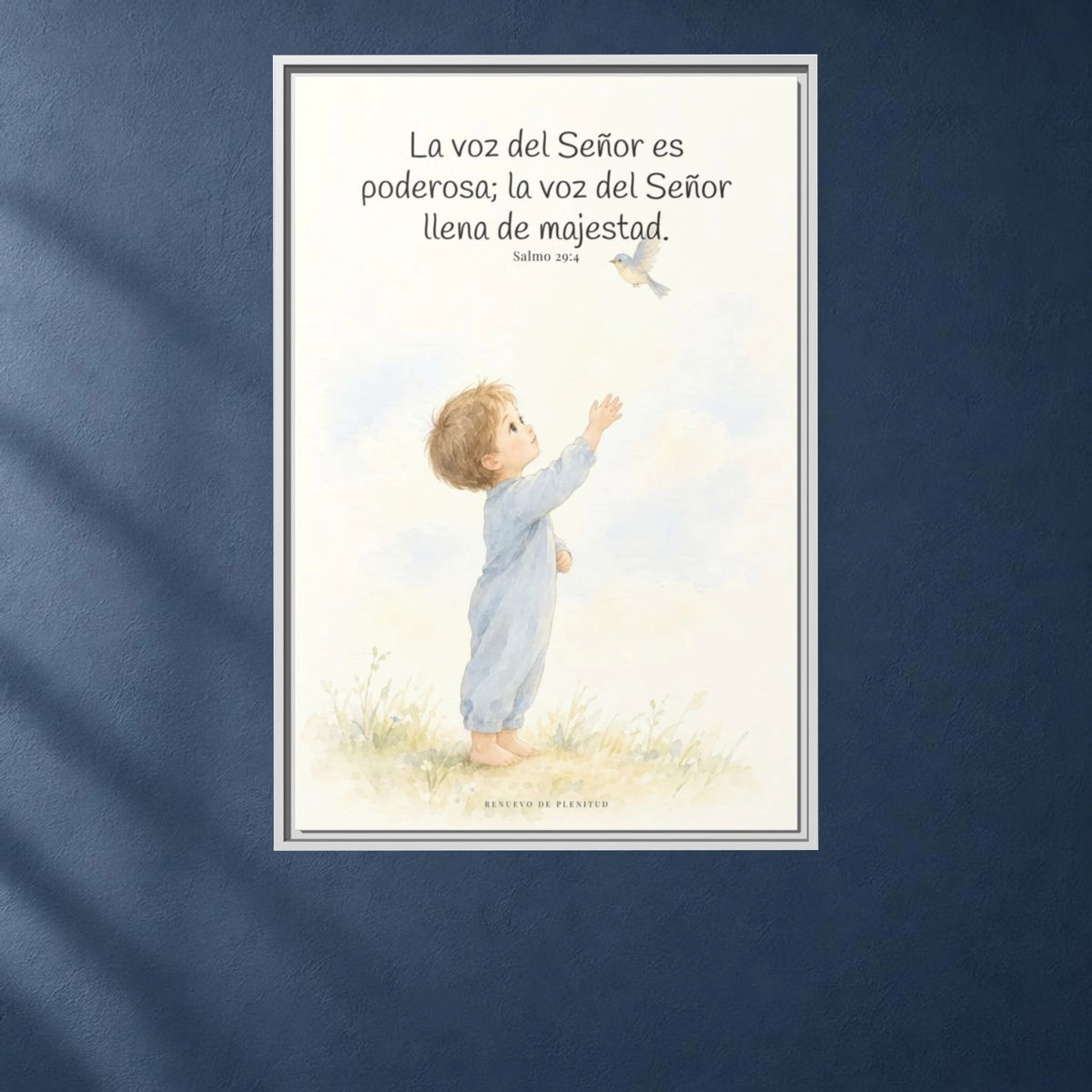La voz de Jehová es poderosa y llena de majestad — Lienzo Cristiano Enmarcado | Salmo 29:4 — 24×36 pulgadas, marco blanco, vista frontal ambiental, escala física calibrada