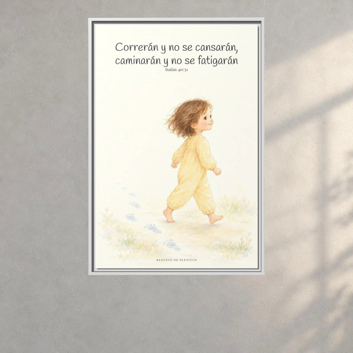 Correrán y no se cansarán — Lienzo Cristiano Enmarcado | Isaías 40:31 — 24×36 pulgadas, marco blanco, vista frontal ambiental, escala física calibrada