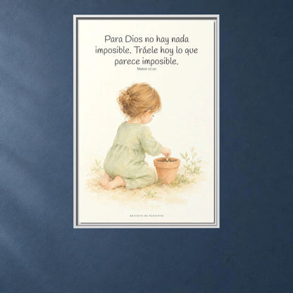 Nada hay imposible para Dios — Lienzo Cristiano Enmarcado | Mateo 17:20 — 24×36 pulgadas, marco blanco, vista frontal ambiental, escala física calibrada