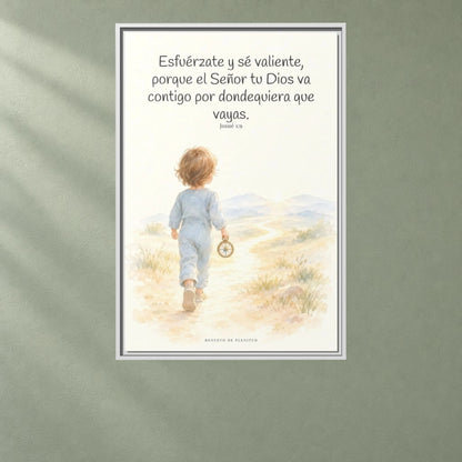Esfuérzate y sé valiente, porque Jehová va contigo — Lienzo Cristiano Enmarcado | Josué 1:9 — 24×36 pulgadas, marco blanco, vista frontal ambiental, escala física calibrada