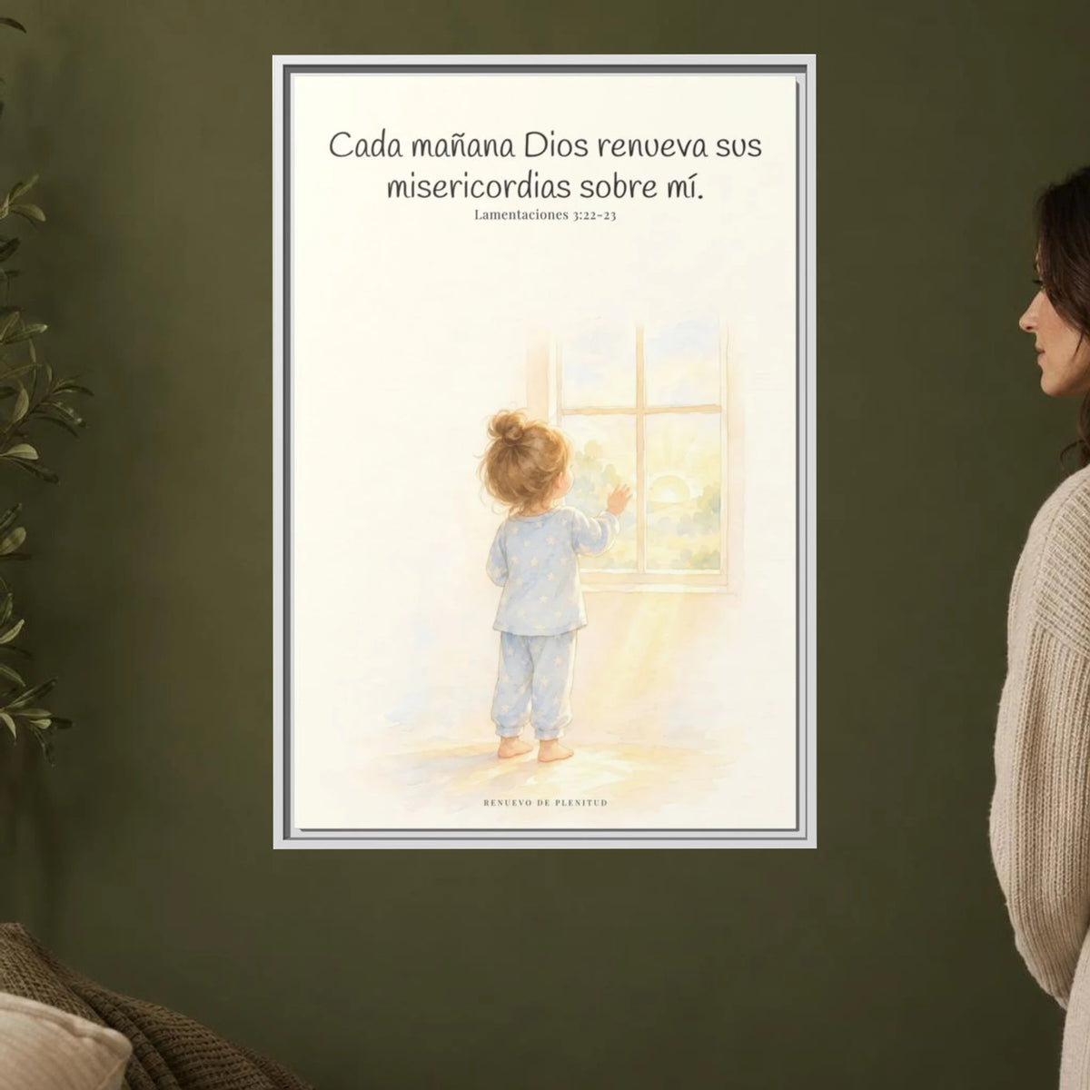 Grandes son sus misericordias cada mañana — Lienzo Cristiano Enmarcado | Lamentaciones 3:22-23 — 24×36 pulgadas, marco blanco, vista frontal ambiental, escala física calibrada