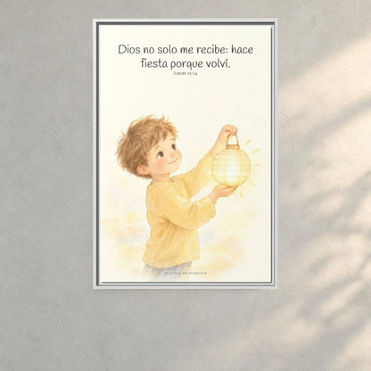 Era tiempo de hacer fiesta y regocijarnos — Lienzo Cristiano Enmarcado | Lucas 15:24 — 24×36 pulgadas, marco blanco, vista frontal ambiental, escala física calibrada