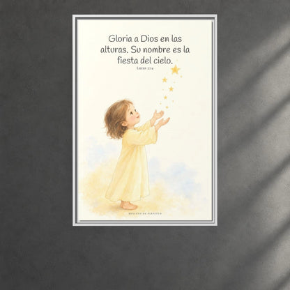 El cielo entero da gloria a Dios | Decoración de fe para pared | Lucas 2:14 — 24×36 pulgadas, marco blanco, vista frontal ambiental, escala física calibrada