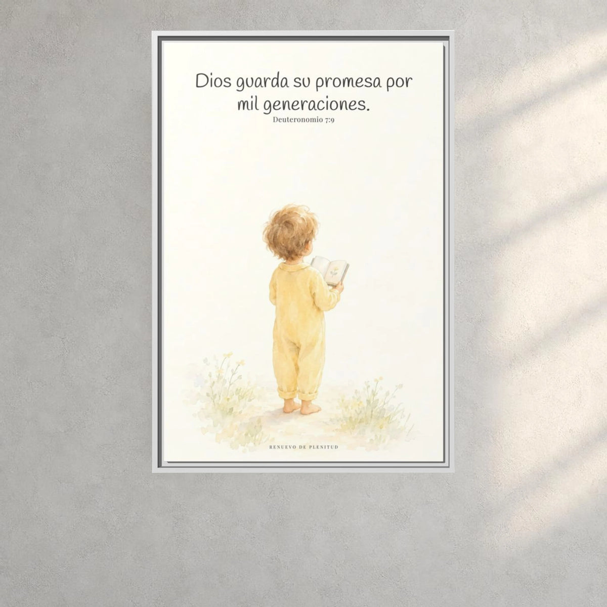 Dios guarda su pacto por mil generaciones — Lienzo Cristiano Enmarcado | Deuteronomio 7:9 — 24×36 pulgadas, marco blanco, vista frontal ambiental, escala física calibrada