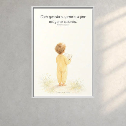 Dios guarda su pacto por mil generaciones — Lienzo Cristiano Enmarcado | Deuteronomio 7:9 — 24×36 pulgadas, marco blanco, vista frontal ambiental, escala física calibrada